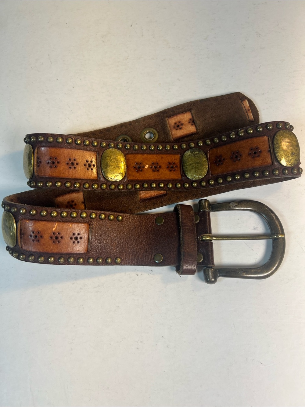Men's Brown Studded Leather Belt with Antique Brass Accents